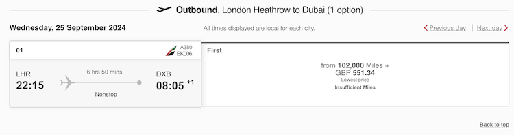emirates lhr dxb award search first class